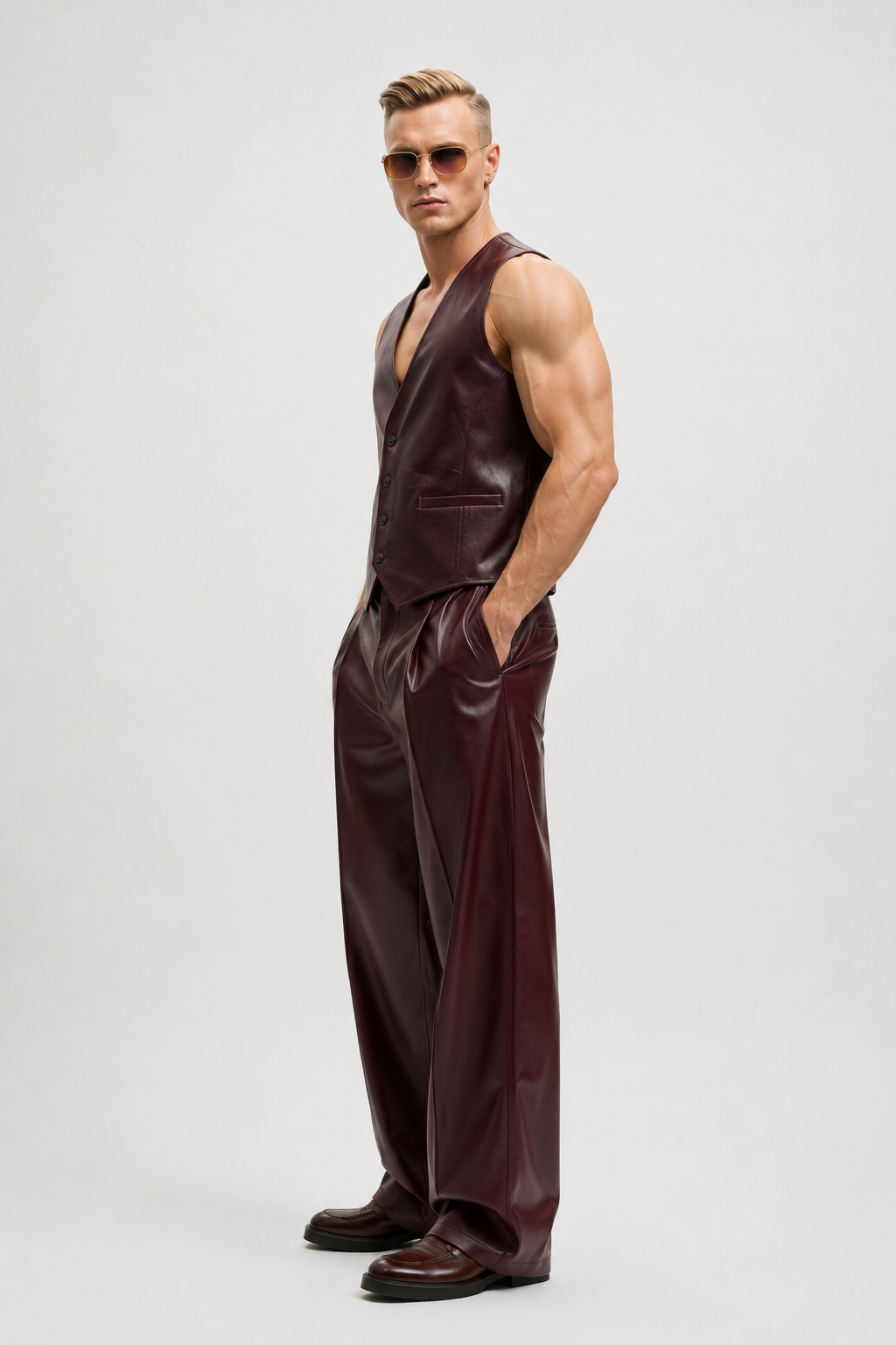 Wine Leather Vest - Pant Set