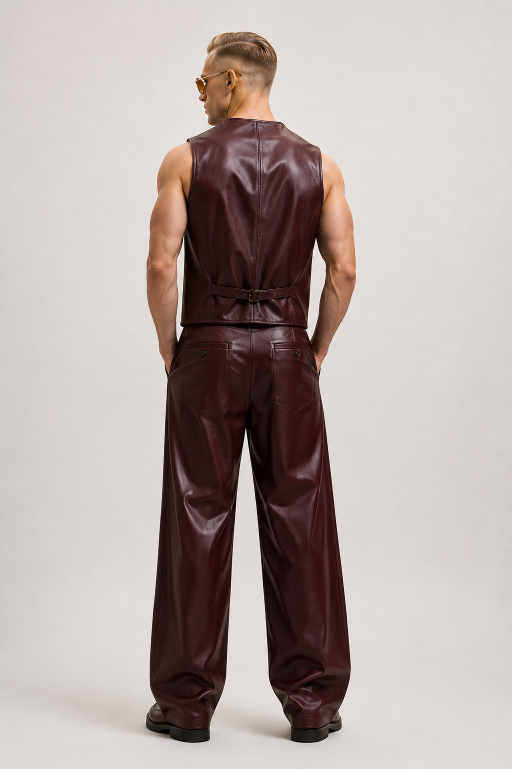 Wine Leather Vest - Pant Set